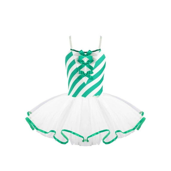 IEFIEL Kids Girls Christmas Costume Plush Tutu Jumpsuit Striped Candy Cane Leotard Dress Figure Skating Costume Green-A 8