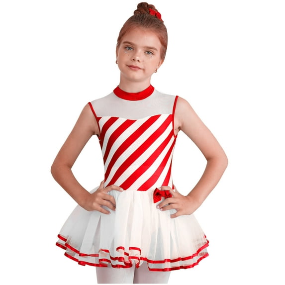 IEFIEL Kids Girls Christmas Costume Plush Tutu Jumpsuit Striped Candy Cane Leotard Dress Figure Skating Costume Red 10