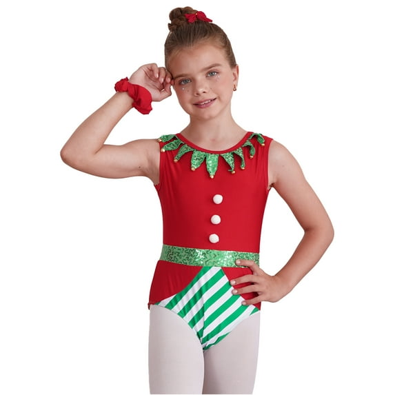 IEFIEL Kids Girls Christmas Gymnastic Leotard with Headband Outfit Christmas Elf Cosplay Costume Sleeveless Dance Leotard Red 4