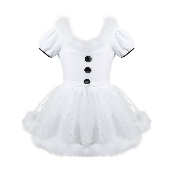 IEFIEL Kids Girls Christmas Snowman Dance Party Costume Feather Trim Ballet Tutu Dress Figure Skating Leotard Dress White 10