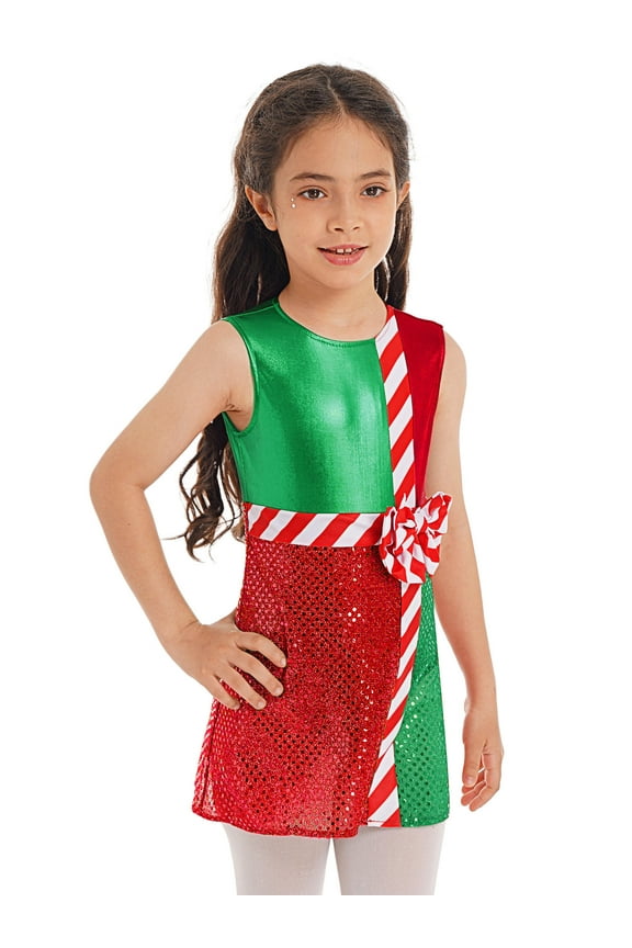 Kids Girls Elf Costume Candy Cane Christmas Dance Leotard Sequins Striped Stage Performance Jumpsuit Green 16