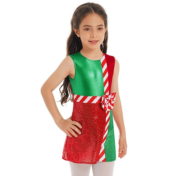 IEFIEL Kids Girls Elf Costume Candy Cane Christmas Dance Leotard Sequins Striped Stage Performance Jumpsuit Green 8