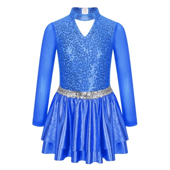 IEFIEL Kids Girls Figure Ice Skating Dress Halter Long Sleeve Jazz Modern Dance Leotard Dress Dancewear Blue 14