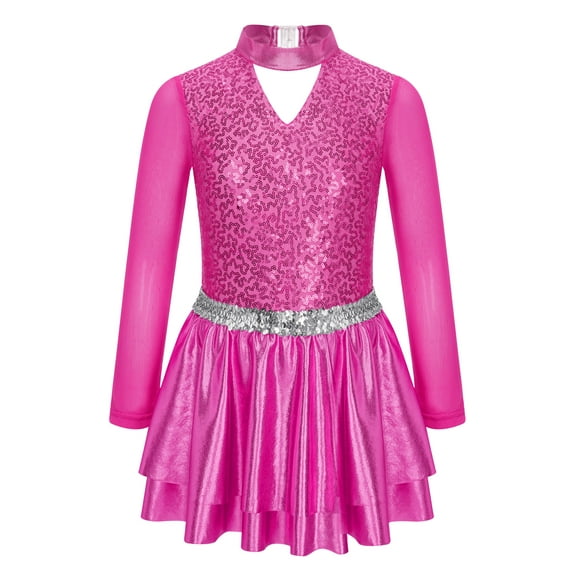 IEFIEL Kids Girls Figure Ice Skating Dress Halter Long Sleeve Jazz Modern Dance Leotard Dress Dancewear Hot Pink 16
