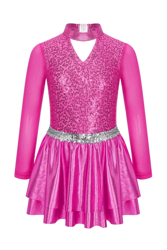 Kids Girls Figure Ice Skating Dress Halter Long Sleeve Jazz Modern Dance Leotard Dress Dancewear Hot Pink 16