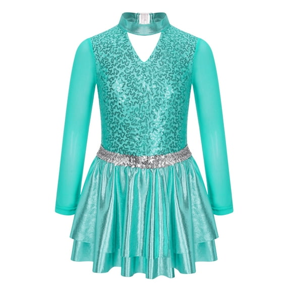 IEFIEL Kids Girls Figure Ice Skating Dress Halter Long Sleeve Jazz Modern Dance Leotard Dress Dancewear Lake Blue 6
