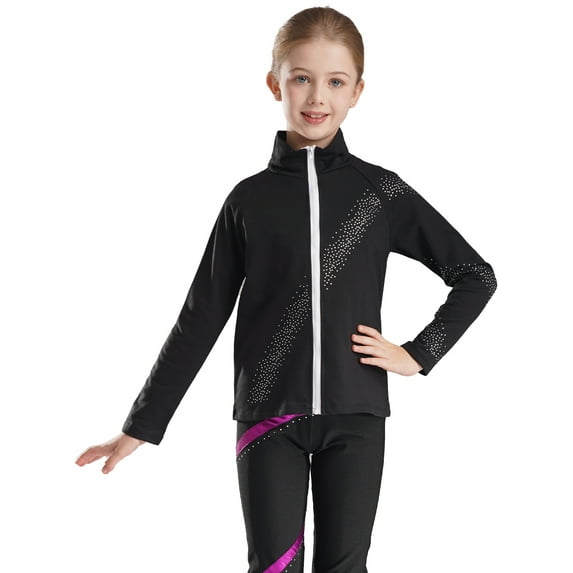 IEFIEL Kids Girls Figure Ice Skating Jacket Shiny Rhinestone Zip Up Long Sleeve Coat Gym Workout Tops Outerwear Black 6