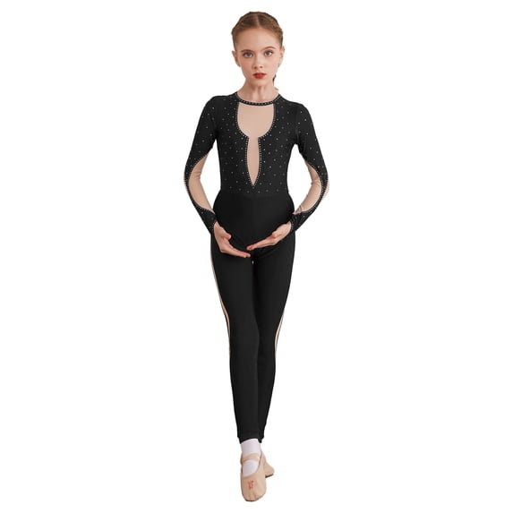 IEFIEL Kids Girls Figure Ice Skating Long Jumpsuit Dance Unitard Long Sleeve Rhythmic Gymnastic Leotard Black 10
