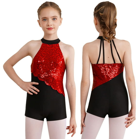 IEFIEL Kids Girls Glittery Sequins Unitard Sleeveless Rhythmic Gymnastics Ballerina Leotard Dance Performance Stage Wear Red 12