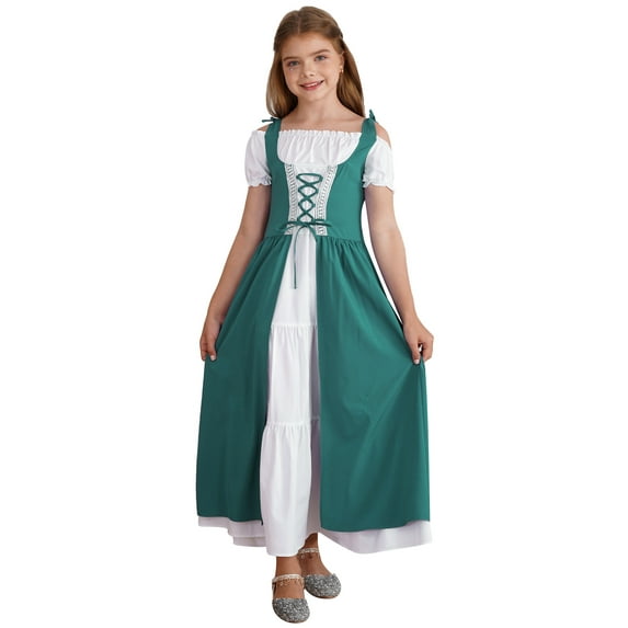IEFIEL Kids Girls Halloween Medieval Retro Costume Off Shoulder Lace-up Renaissance Maxi Dress Carnival Party Costume Green 12