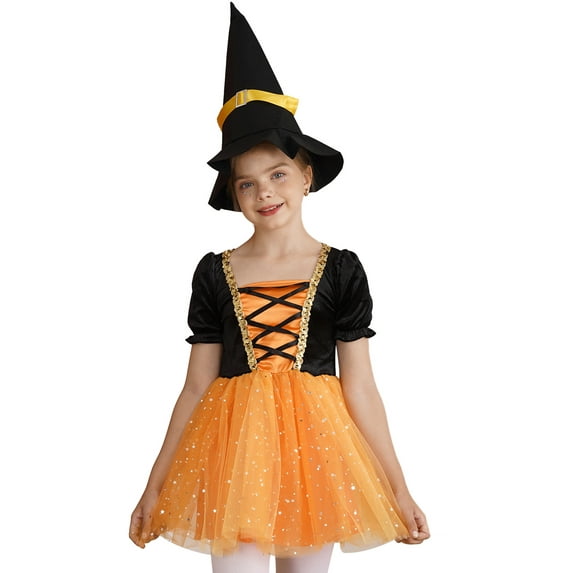 IEFIEL Kids Girls Halloween Witch Costume Carnival Party Dress Up Velvet Bubble Sleeve Tutu Dress with Hat Orange 6