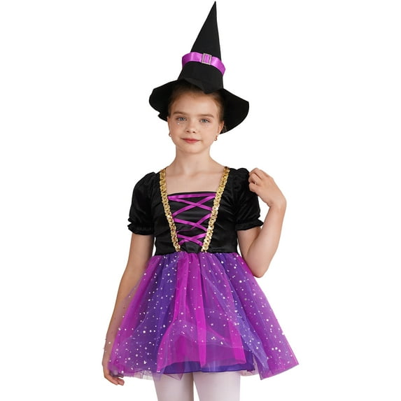 IEFIEL Kids Girls Halloween Witch Costume Carnival Party Dress Up Velvet Bubble Sleeve Tutu Dress with Hat Purple&Rose Red 10