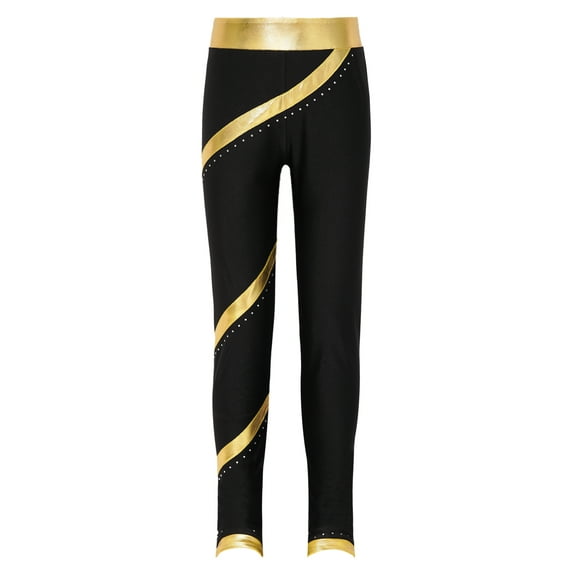 IEFIEL Kids Girls High Waist Figure Skating Leggings Spiral Metallic Stripes Gym Dance Pants Gold 8
