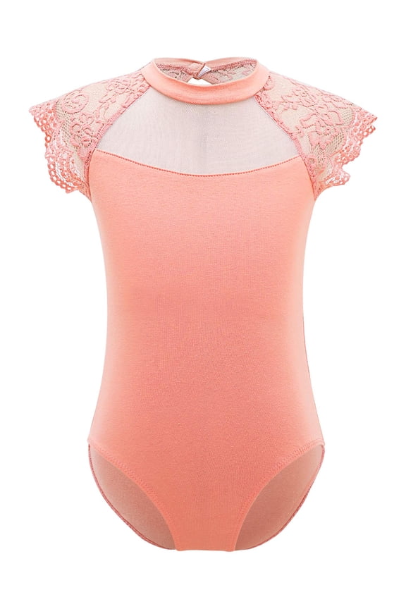 Kids Girls Lace Ruffle Sleeve Gymnastics Ballet Dance Tank Leotard One-Piece Bodysuit Unitard Orange 11-12