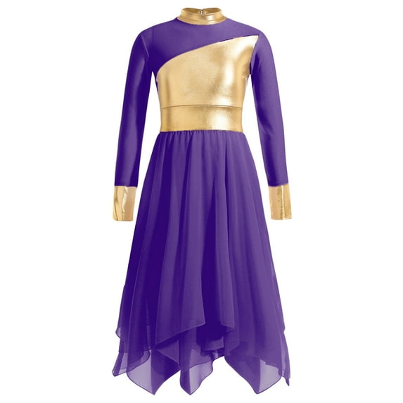 IEFIEL Kids Girls Liturgical Praise Dance Dress Bronzing Cross Pattern Print Lyrical Worship Dancewear Purple-A 12