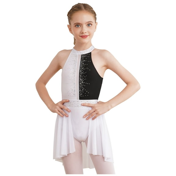IEFIEL Kids Girls Lyrical Latin Jazz Dance Dress Sleeveless Rhinestones Backless Leotard Dress Dancewear White&Black 8