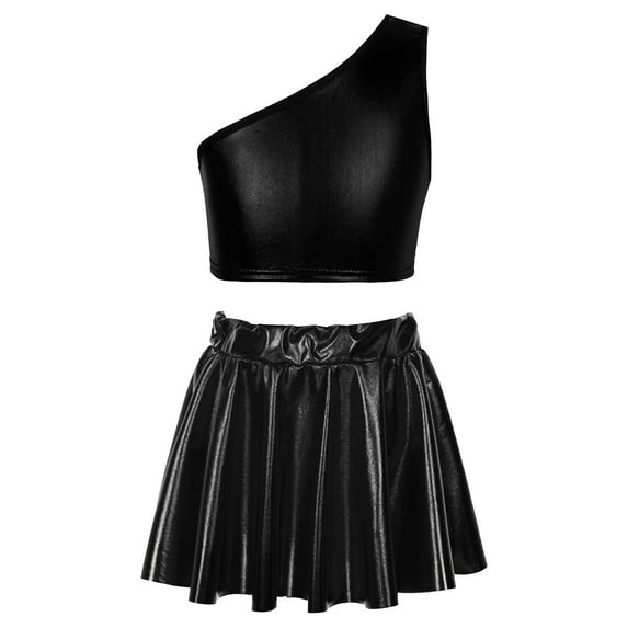 IEFIEL Kids Girls Metallic Glossy Dance Outfit Teens Cheers Uniform One Shoulder Crop Top with Pleated Skirt Black 5-6
