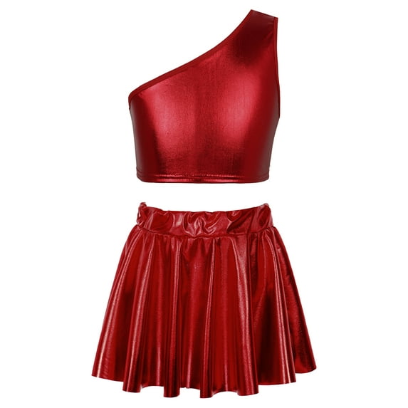 IEFIEL Kids Girls Metallic Glossy Dance Outfit Teens Cheers Uniform One Shoulder Crop Top with Pleated Skirt Red 3-4