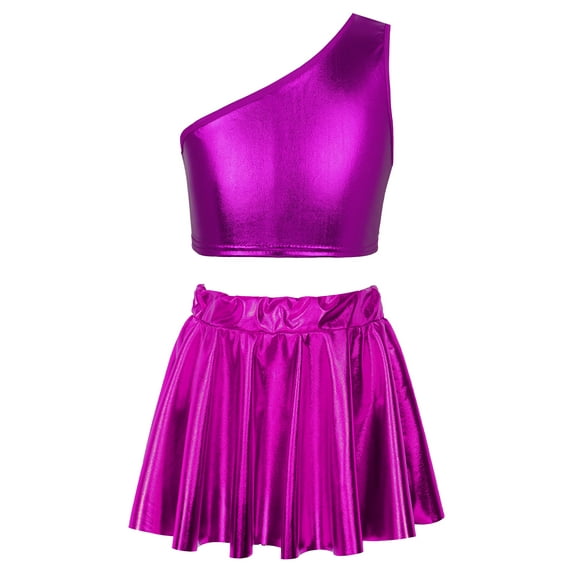 IEFIEL Kids Girls Metallic Glossy Dance Outfit Teens Cheers Uniform One Shoulder Crop Top with Pleated Skirt Rose 3-4