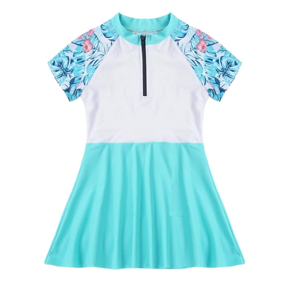 IEFIEL Kids Girls One-Piece Swimsuit Rashguard 50+ Sun Protection Swimming Dress Tropical Vacation Beach Wear Light Green 12