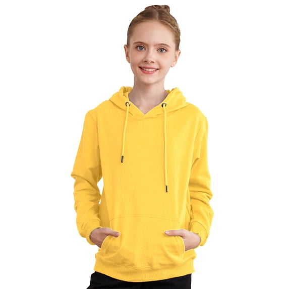 IEFIEL Kids Girls Pullover Hoodie Plain Long Sleeve Drawstring Sweatshirt Athletic Shirt with Pockets Yellow 3-4