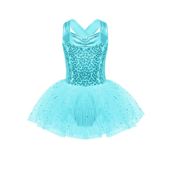 IEFIEL Kids Girls Sequins Criss Cross Back Princess Mesh Dress Ballet Dance Tutu Skirted Leotard Lake Green 16