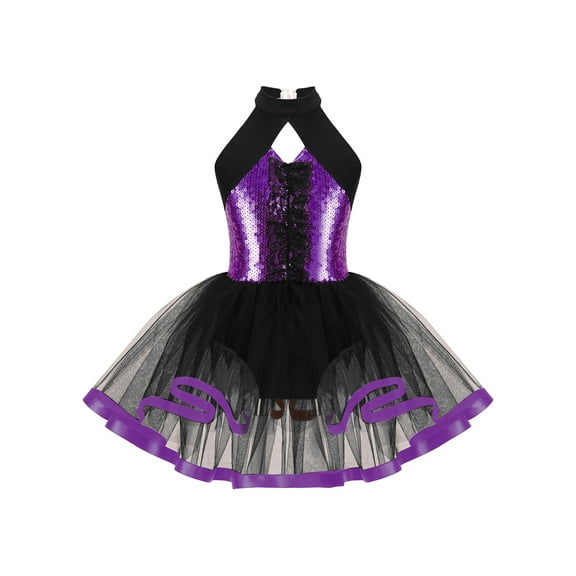 IEFIEL Kids Girls Sequins Latin Jazz Dance Costume Ballet Tutu Halter Cutout Mesh Skirted Leotard