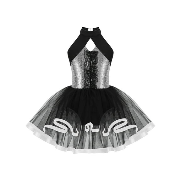 IEFIEL Kids Girls Sequins Latin Jazz Dance Costume Ballet Tutu Halter Cutout Mesh Skirted Leotard
