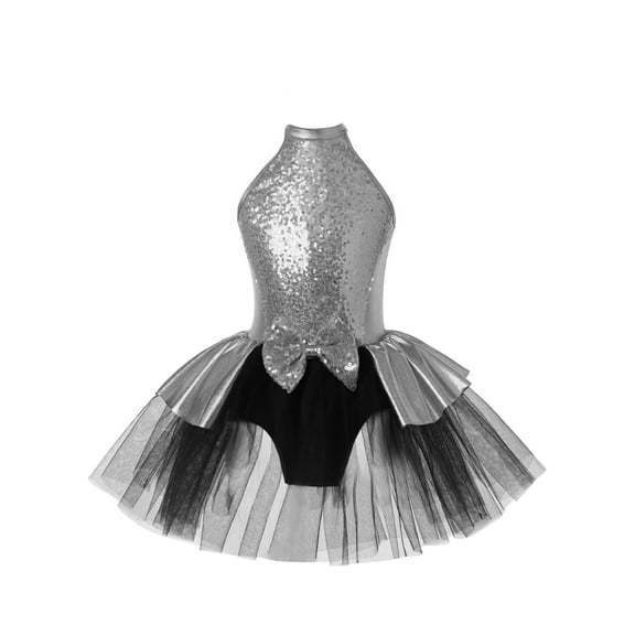IEFIEL Kids Girls Sequins Latin Jazz Dance Costume Ballet Tutu Halter Cutout Mesh Skirted Leotard