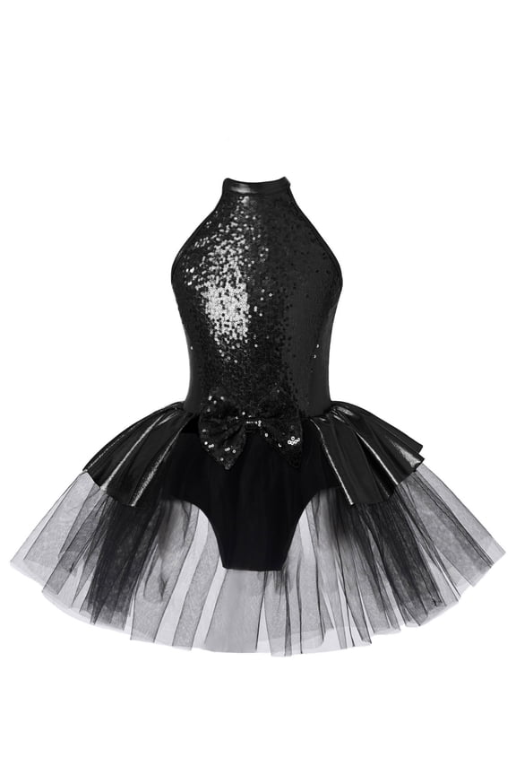 Kids Girls Sequins Latin Jazz Dance Costume Ballet Tutu Halter Cutout Mesh Skirted Leotard