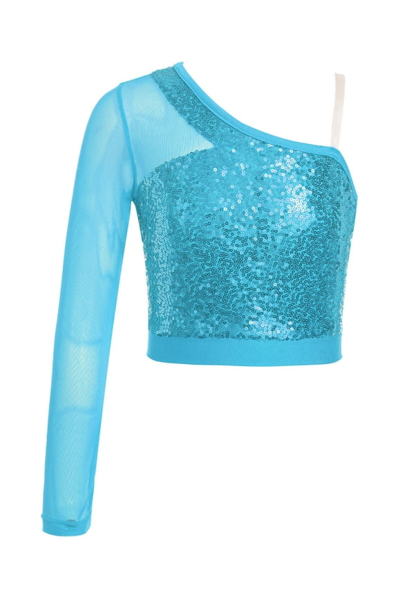 Kids Girls Sequins One Shoulder Jazz Dance Crop Top Mesh Sleeve Cheer Leader Uniform Dance Tops Light Blue 8