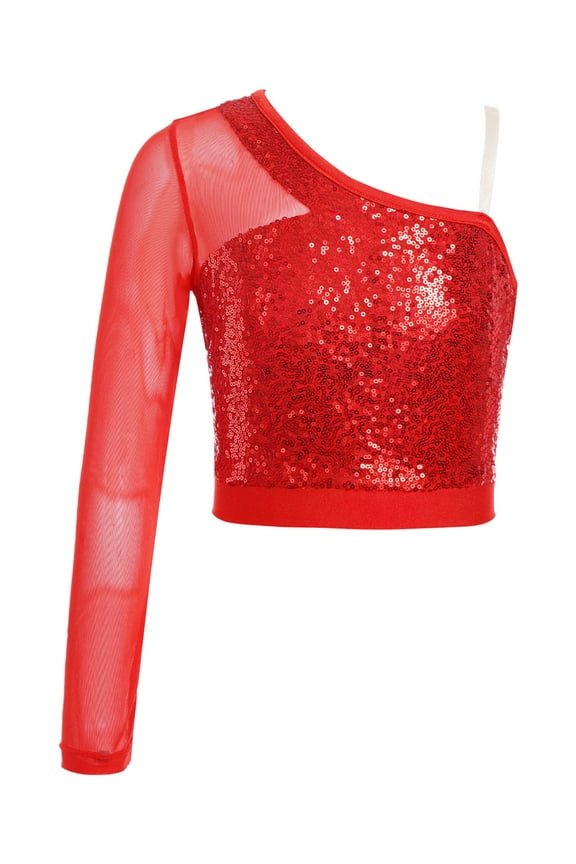 Kids Girls Sequins One Shoulder Jazz Dance Crop Top Mesh Sleeve Cheer Leader Uniform Dance Tops Red 12