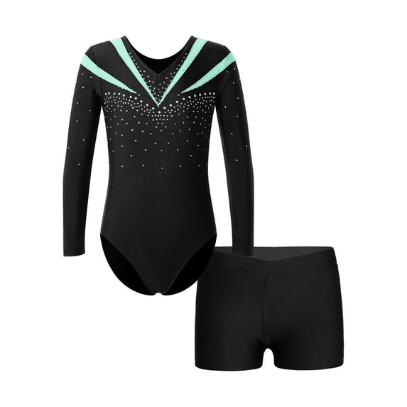 IEFIEL Kids Girls Shiny Rhinestone Long Sleeve Leotard with Shorts Dance Suit Contrast Color Gymnastics Yoga Sports Outfit A Light Green 6