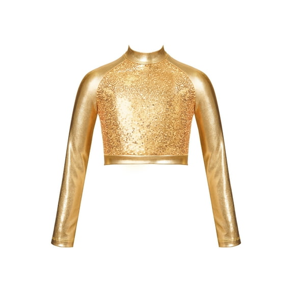 IEFIEL Kids Girls Shiny Sequins Dance Crop Top Metallic Shiny Long Sleeve Modern Latin Jazz Dance Tops Gold 14