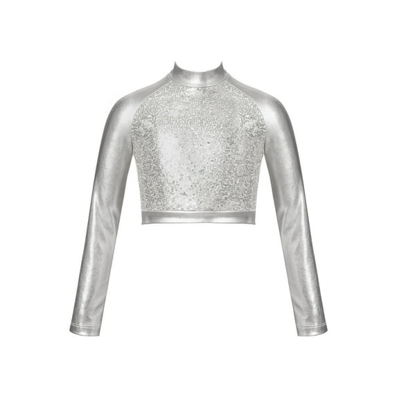 IEFIEL Kids Girls Shiny Sequins Dance Crop Top Metallic Shiny Long Sleeve Modern Latin Jazz Dance Tops Silver 12