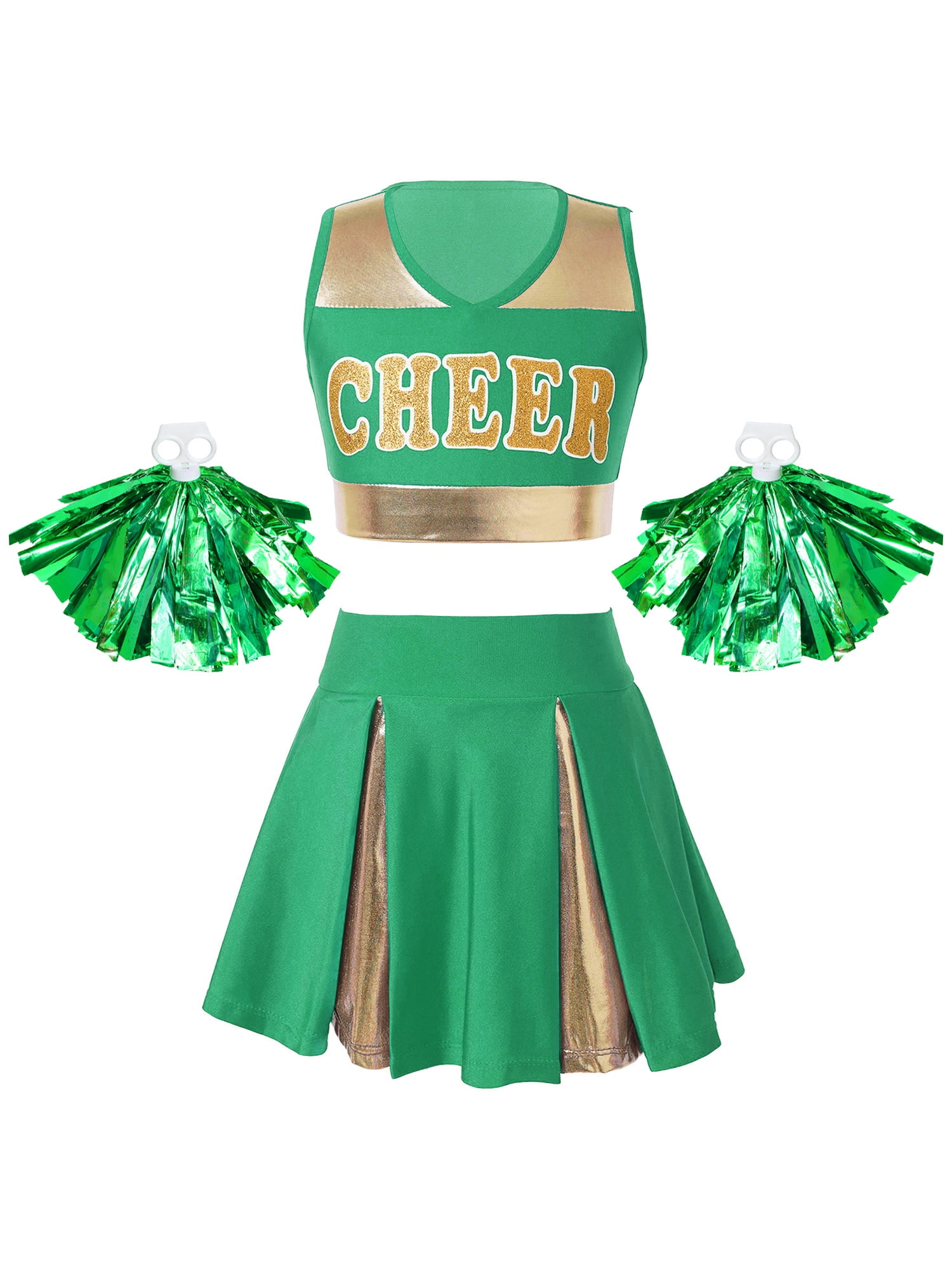 IEFiEL Mädchen Cheerleader Tanzkleid Mit Pompoms - Ärmelloses Kostüm Set