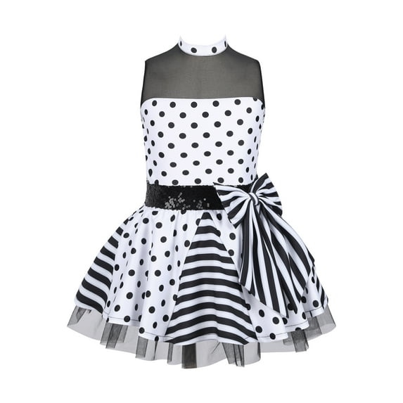 IEFIEL Kids Girls Sleeveless Tutus Skirt Ballerina Costume Polka Dots Shiny Sequins Dance Dress Modern Jazz Dancewear White 6