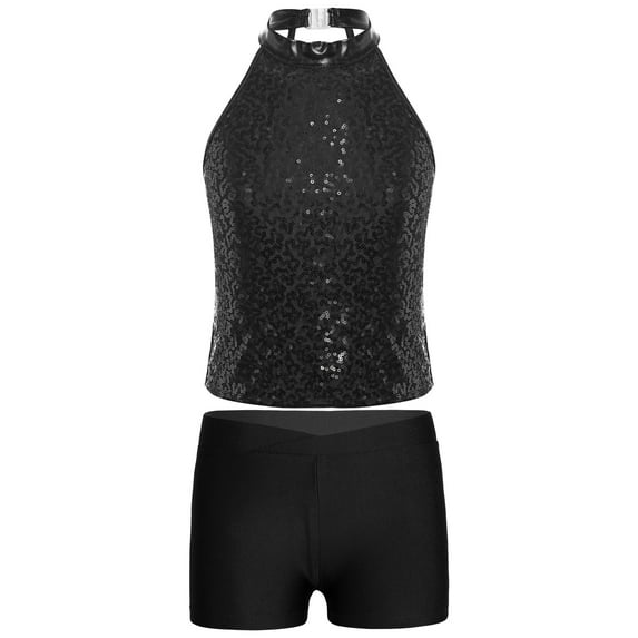 IEFIEL Kids Girls Workout Outfit Gymnastic Acrobatics Costume Halter Shiny Sequins Crop Top with Shorts Black 6