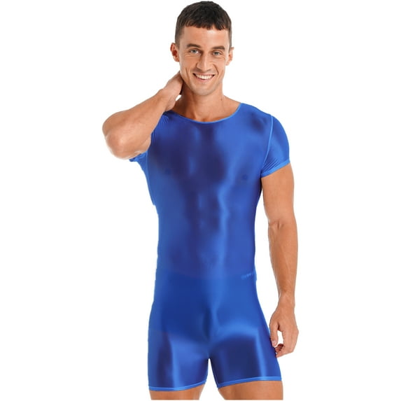IEFIEL Mens Glossy Short Sleeve Jumpsuit Solid Color Sports Running Swimming Bodysuit Yoga Gym Sportswear Blue L