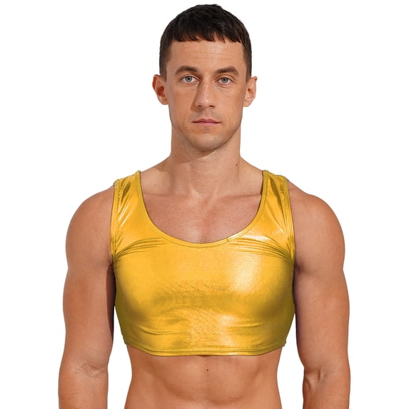 IEFIEL Mens Metallic Tank Top Sleeveless Shiny Crop Top Rave Festival Party Clubwear Gold One Size