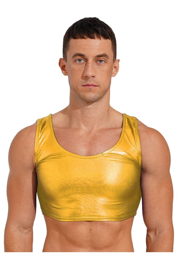 Mens Metallic Tank Top Sleeveless Shiny Crop Top Rave Festival Party Clubwear Gold One Size