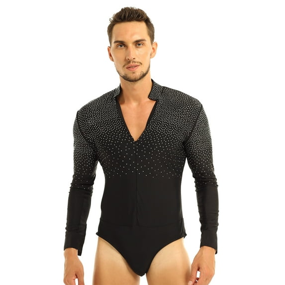 IEFIEL Mens Sequins V Neck Dance Shirts Bodysuit Ballroom Modern Latin Long Sleeve Dancewear Black Medium