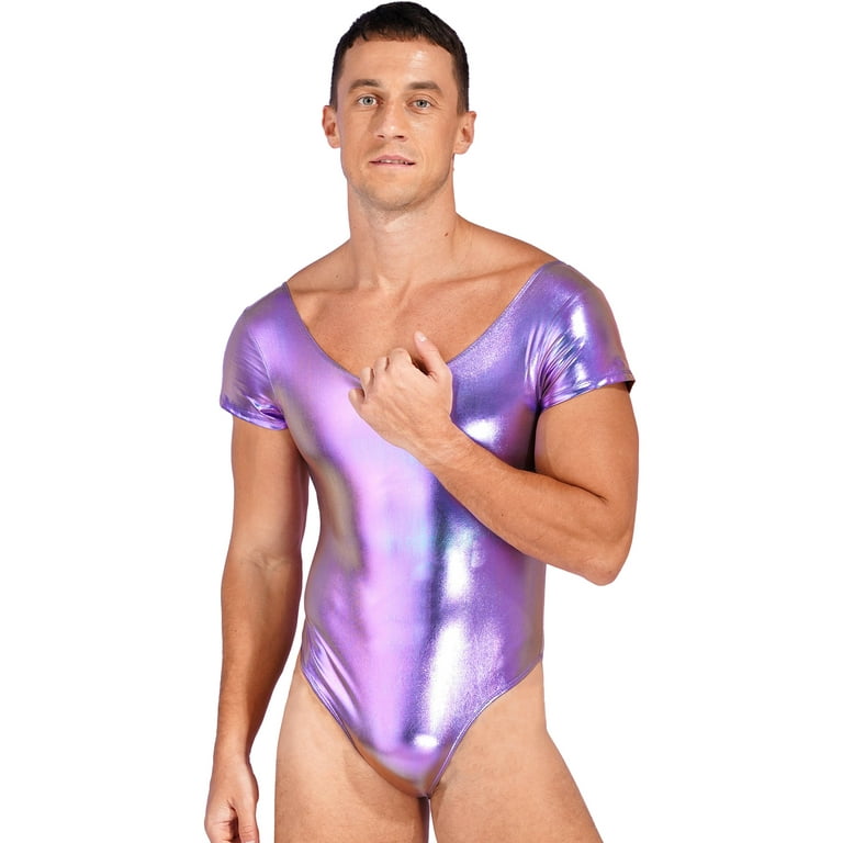 IEFIEL Mens Shiny Gymnastics Bodysuit Patent Leather One-piece Swimsuit  Short Sleeve Sports Leotard Dancewear Purple XL