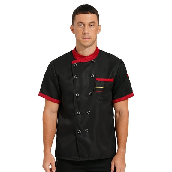 IEFIEL Mens Short Sleeve Chef Coat Double-Breasted Bakery Hotel Jacket Uniform Shirt Black L