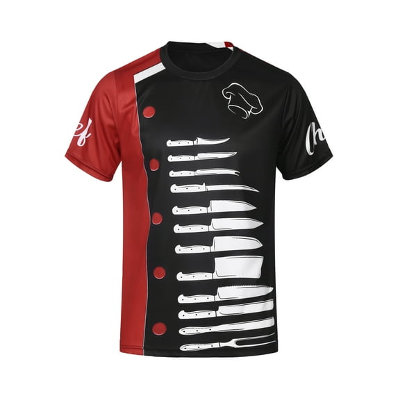 IEFIEL Mens Short Sleeve Chef T-Shirt Graphic Printed Hotel Kitchen Cook Uniform Red&Black 3XL