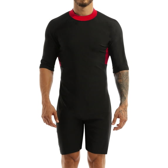 IEFIEL Mens Sun Protective Short Sleeve Swimsuit Bodysuit Back Zipper Surfing Diving Wetsuit Rash Guard Red XXL
