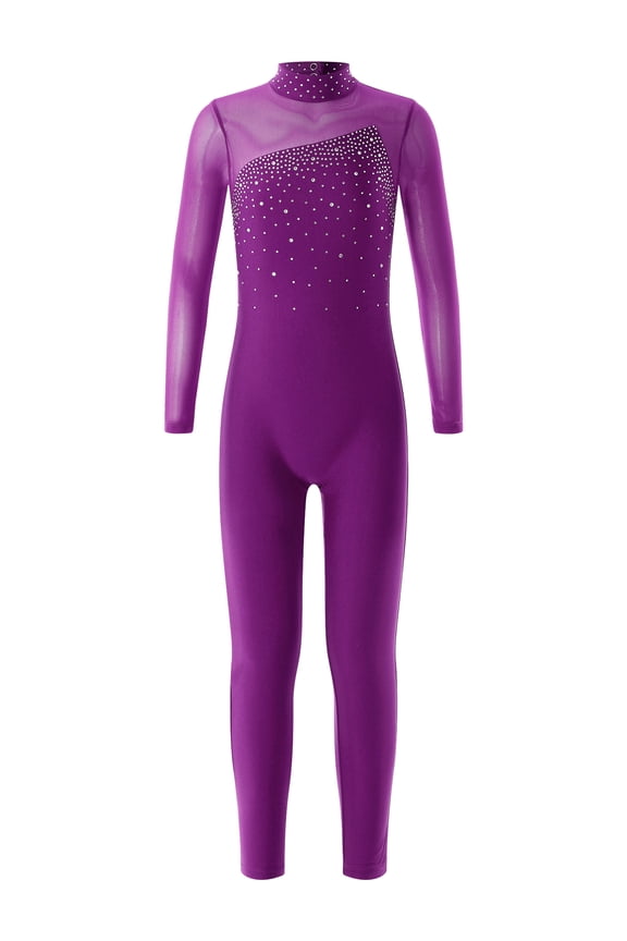 Teens Gymnastics Jumpsuit Girls Shiny Rhinestone Figure Ice Skating Bodysuit Long Sleeve Full Body Unitard Dance Wear Purple-A 6
