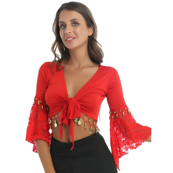 IEFIEL Womens Bead Tassel Fringe Belly Dance Top Lace Floral Shrug Crop Top Dancewear Red L