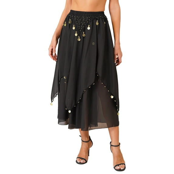 IEFIEL Womens Chiffon Belly Dance Skirt Shiny Sequins Beaded Skirt Carnival Party Indian Dance Performance Costume Black One Size