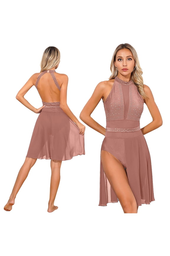 Womens Chiffon Side Split Lyrical Modern Dance Dress Backless Rhinestone Mesh Patchwork Figure Skating Dress Dusty Pink M